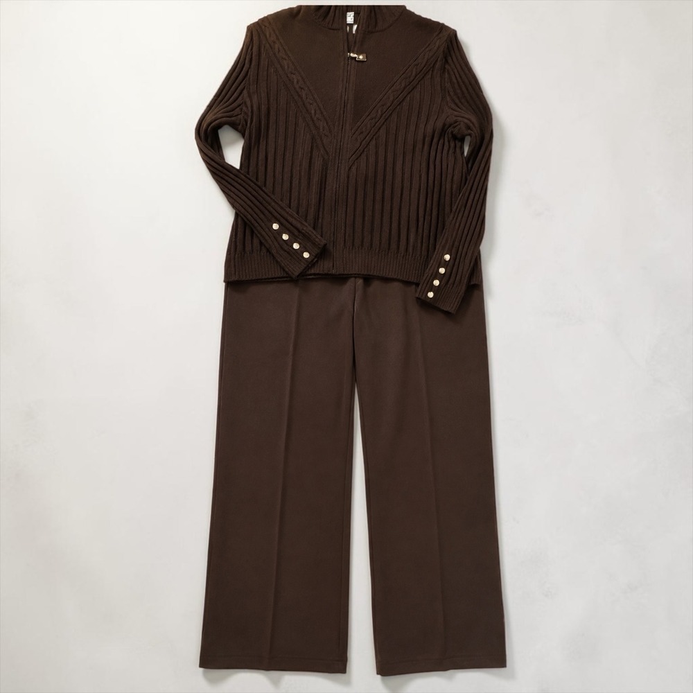 St John Sport Brown Knit Suit Set L Top 16 Pants Zip Mock Neck Gold